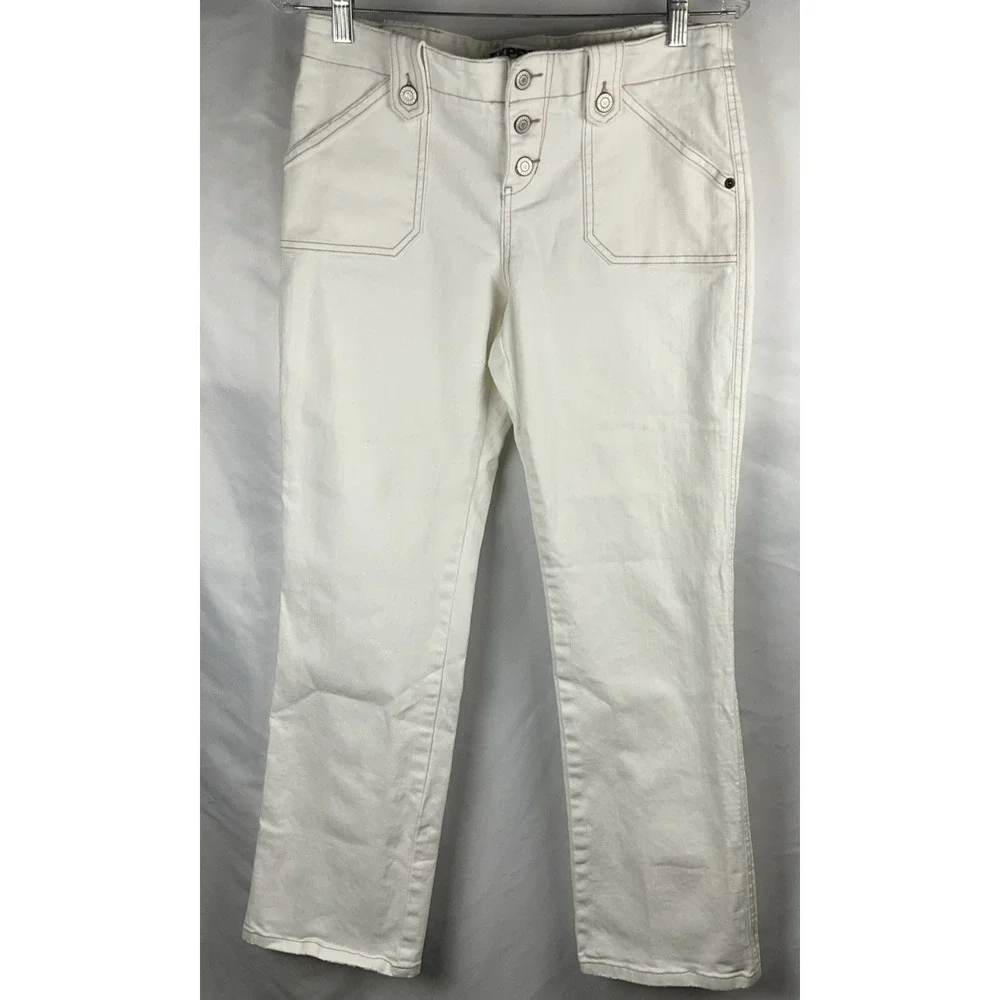 Express Women's  Juniors 7/8 Creamy White Straight Leg Button Fly Mid Rise Jeans